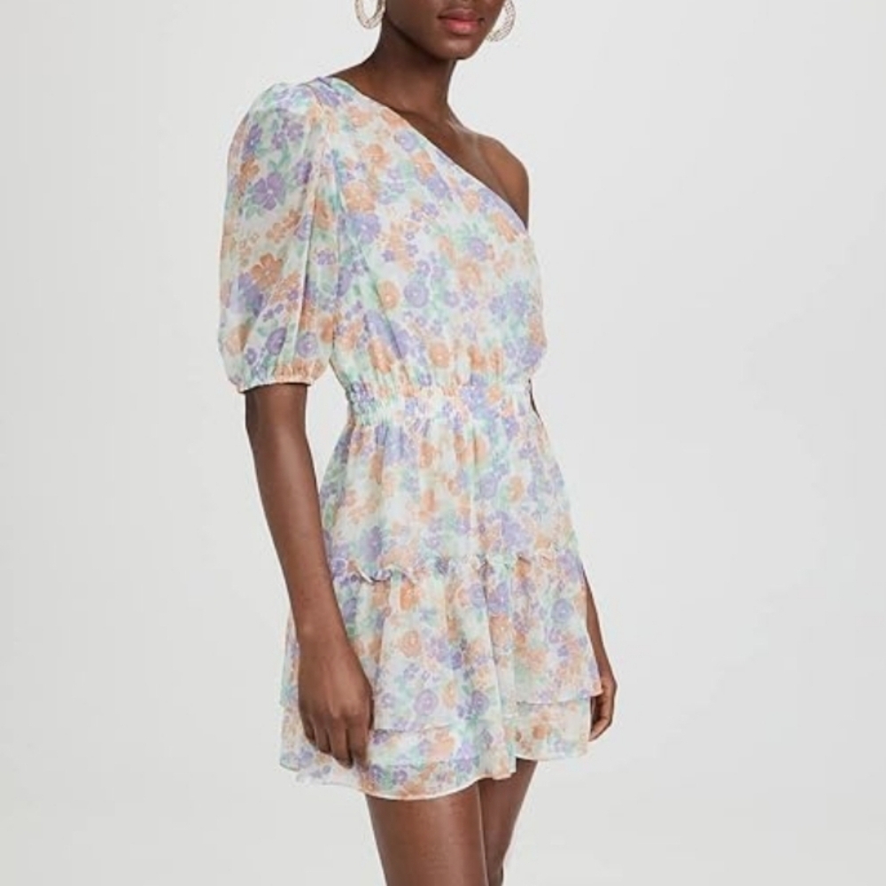 WAYF Women's Floral Pastel One Shoulder Smocked Waist Tiered Mini Dress Sz M